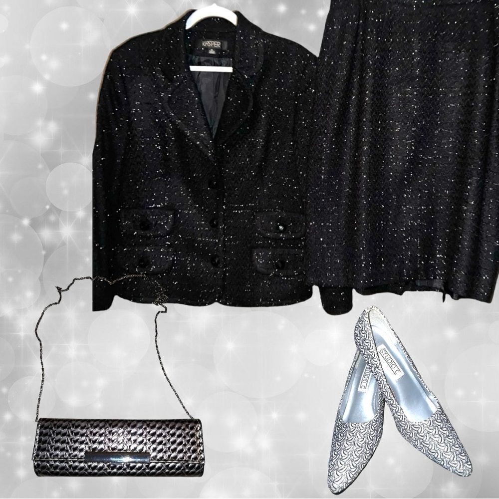 Kasper timeless gorgeous 2 piece black with silver treading sparkle! New